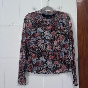 Dealmore Floral Mesh Mock Neck Long Sleeve Top Lettuce Edge Plus Size 2XL